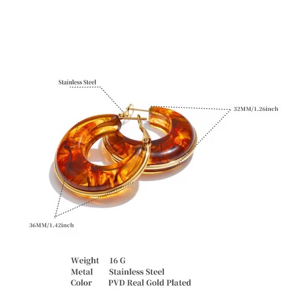 Amber Hoop Earrings | Waterproof Gold Plated Stainless Steel Hoops - Picture 4 of 5
